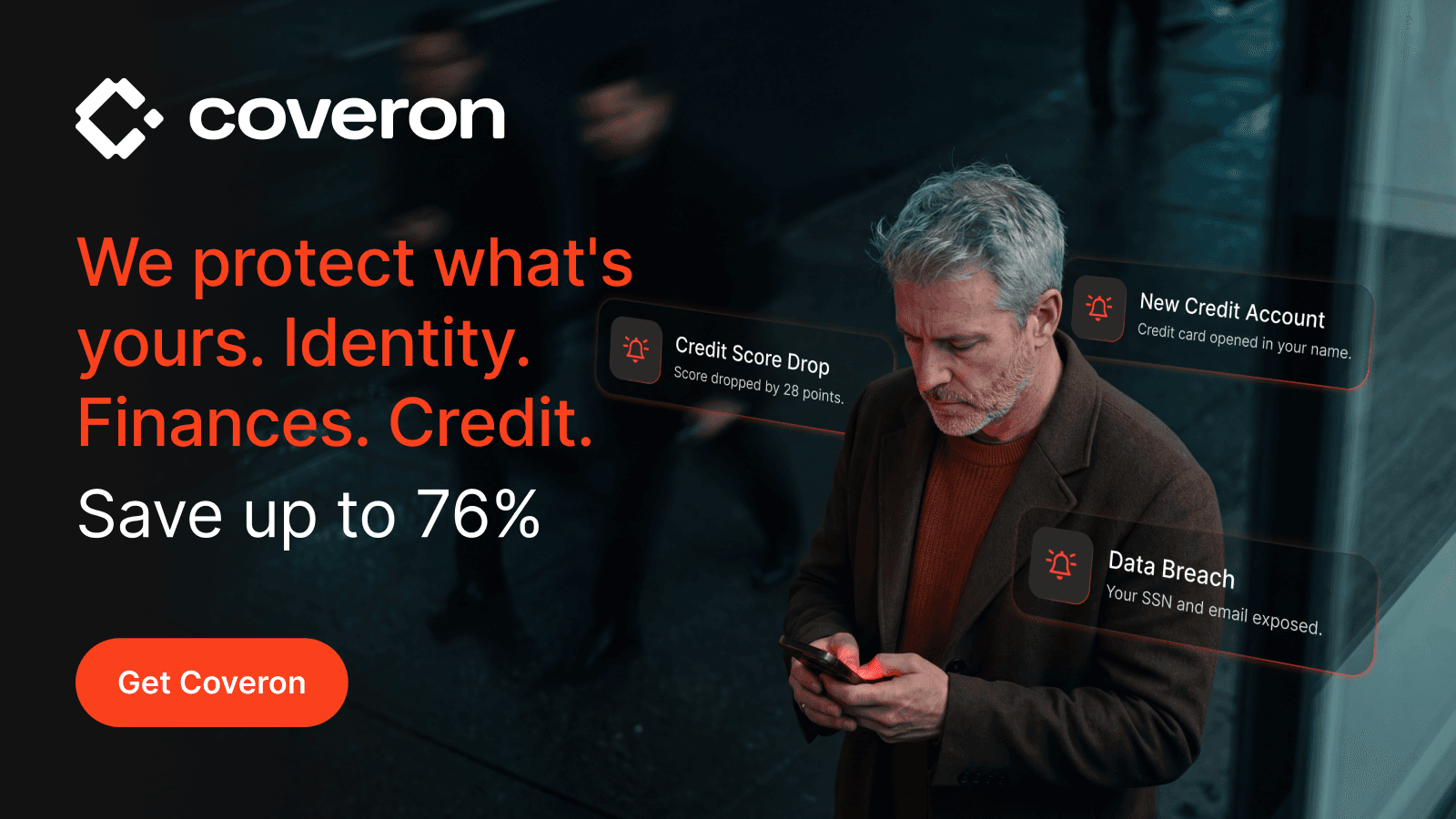 Coveron campaign banner stating identity, finances, and credit protection