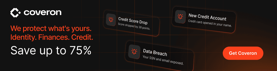 Coveron affiliate banner with identity, finances, and credit protection message