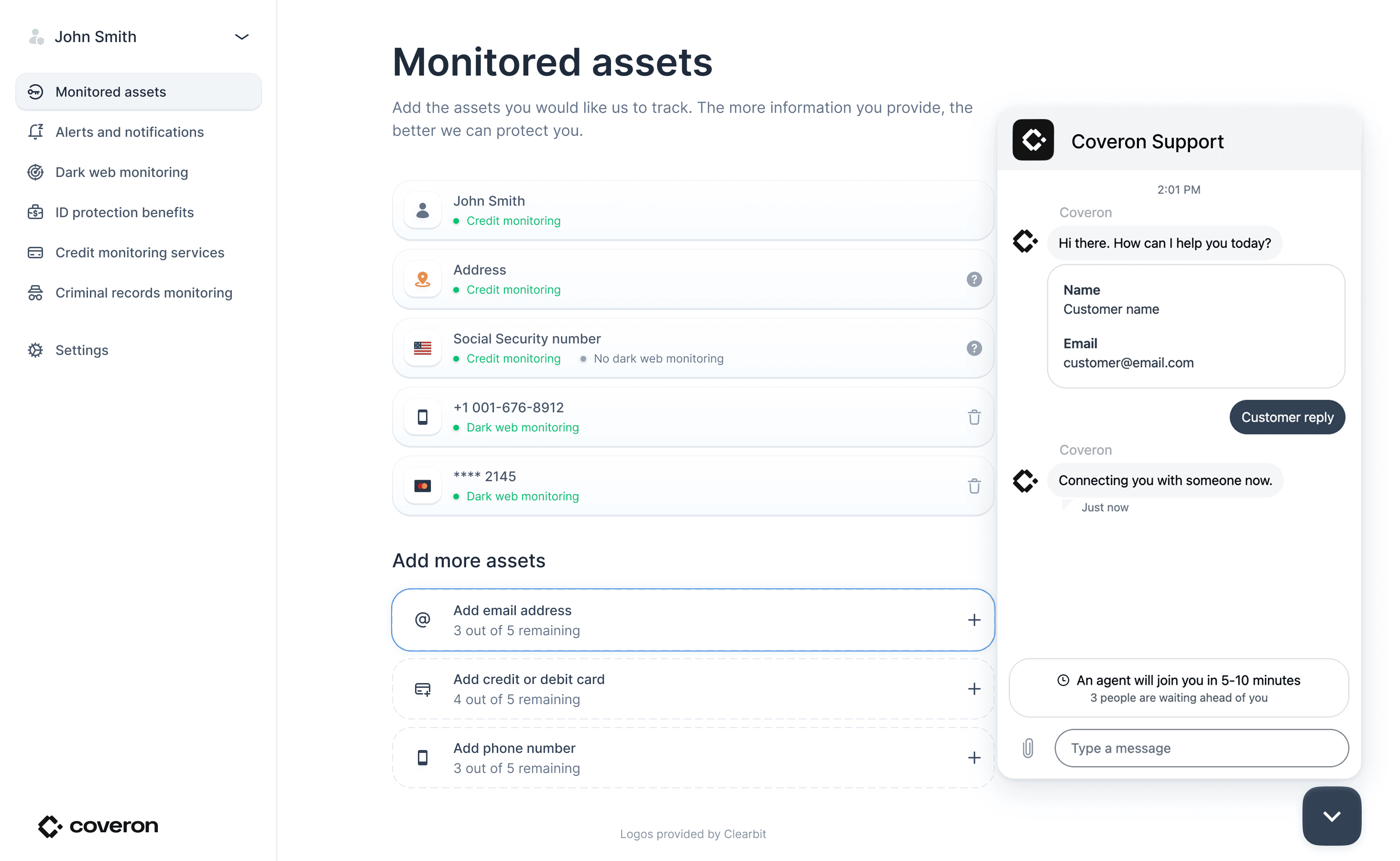 Coveron customer support screen in the product dashboard