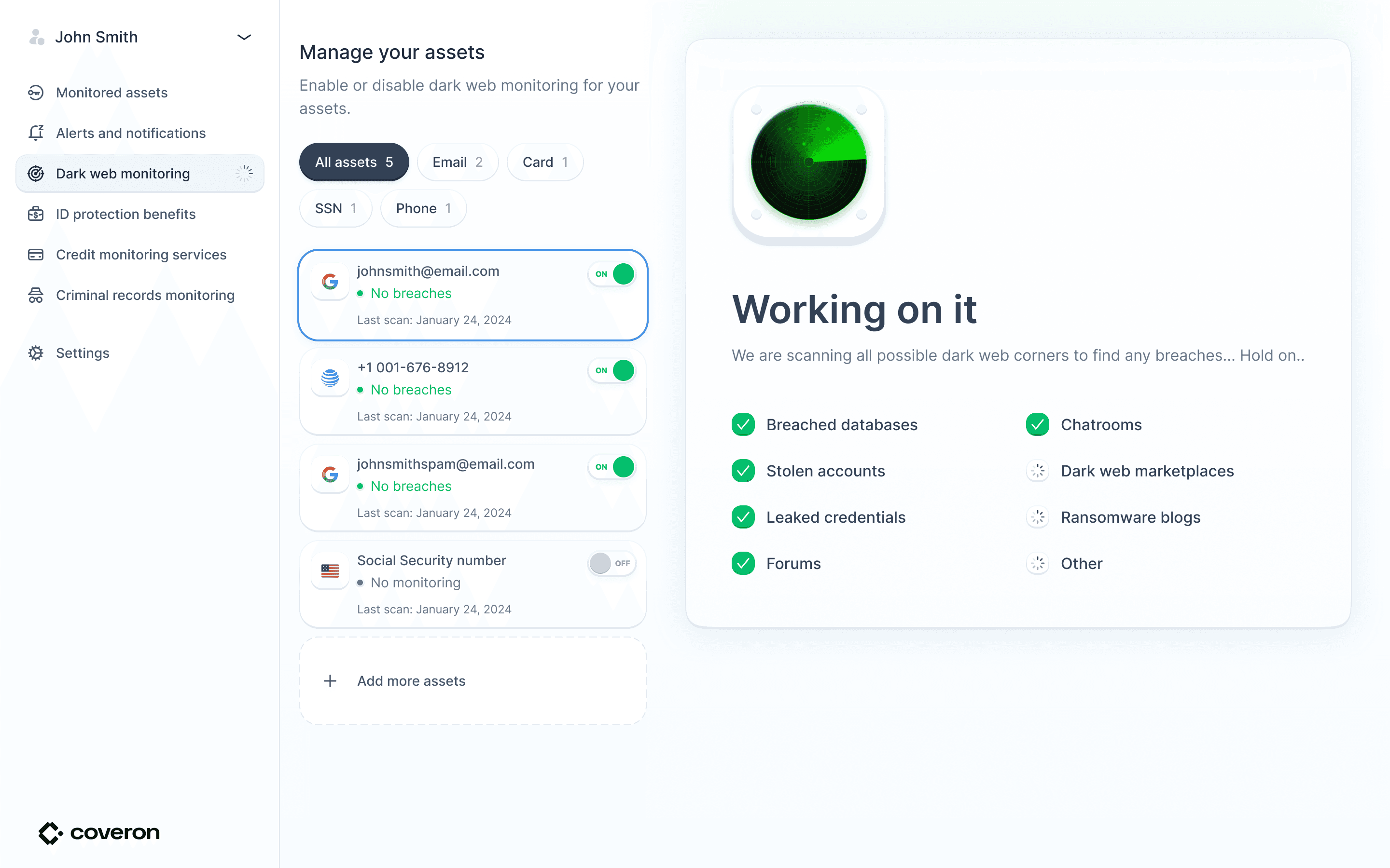 Coveron dark web monitoring screen showing monitored assets