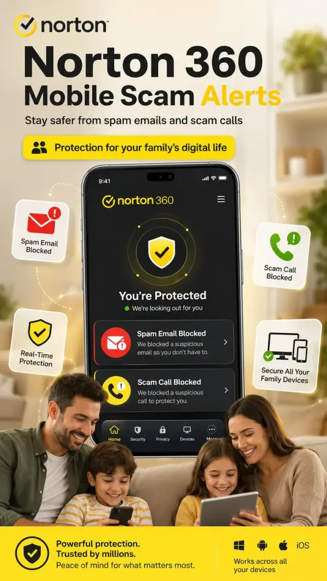 Educational Norton 360 mobile scam alert concept visual