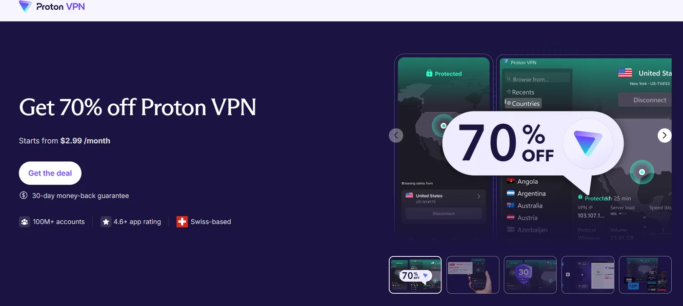 Proton VPN promotional product banner showing 70 percent off and VPN app screens
