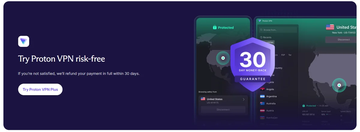 Proton VPN risk-free 30-day money-back guarantee product banner