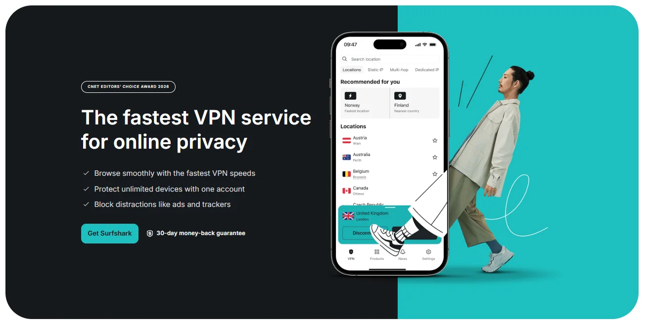 Surfshark fast VPN service promotional hero image