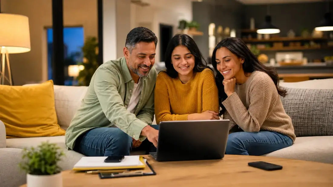 Family calmly reviewing identity protection options on a laptop