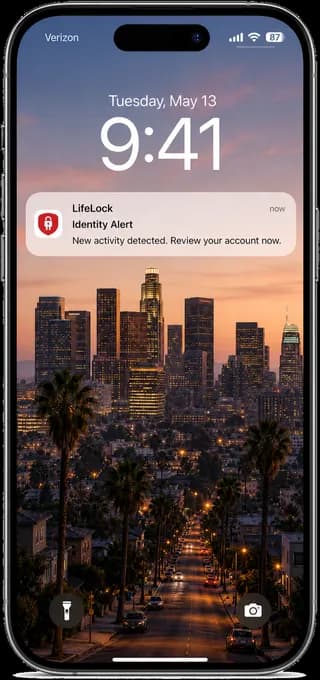 iPhone-style educational mockup showing a LifeLock identity alert